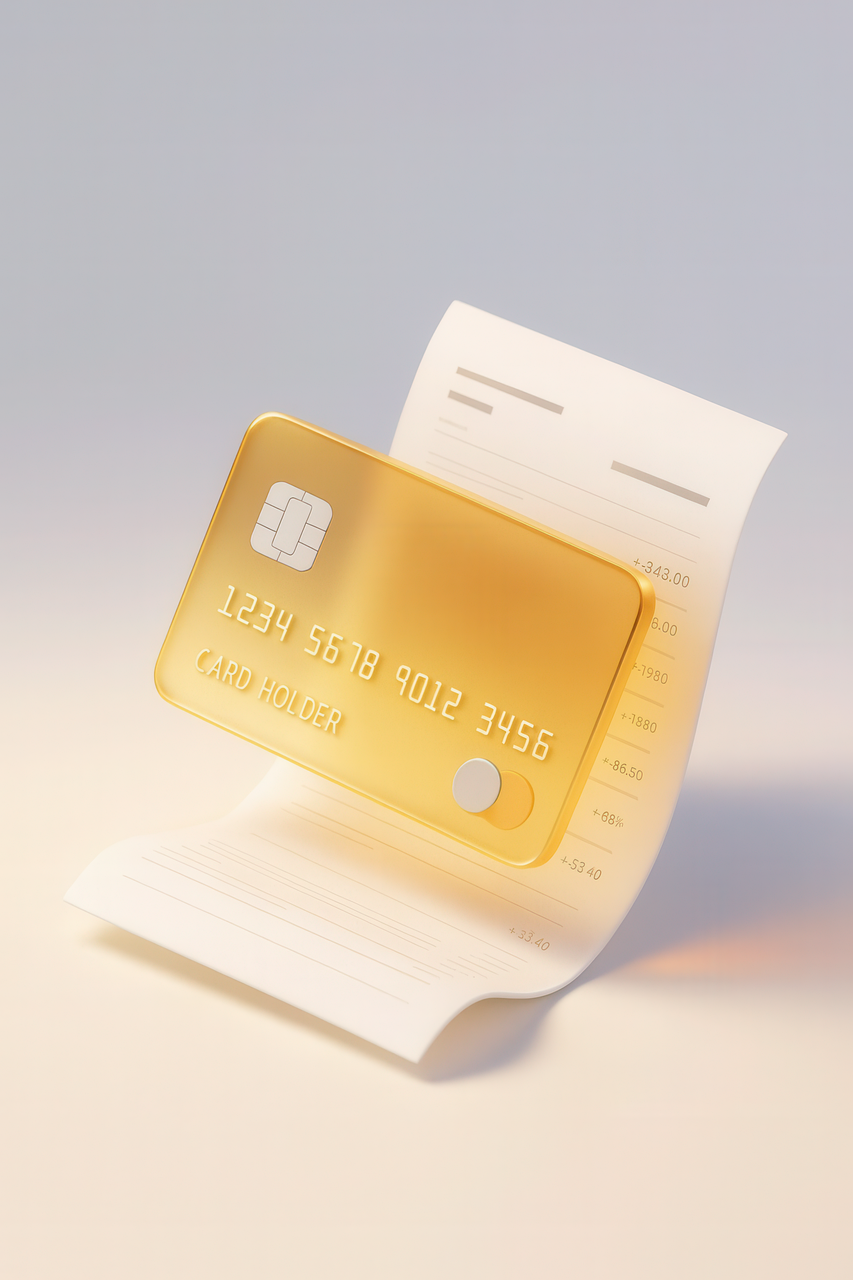 credit card, payment, finance, banking, transaction, receipt, fintech, online payment, digital wallet, ecommerce, money, billing, invoice, cashless, financial concept, luxury card, gold card, banking technology, payment method, accounting, business, economy, minimal background, ai generated