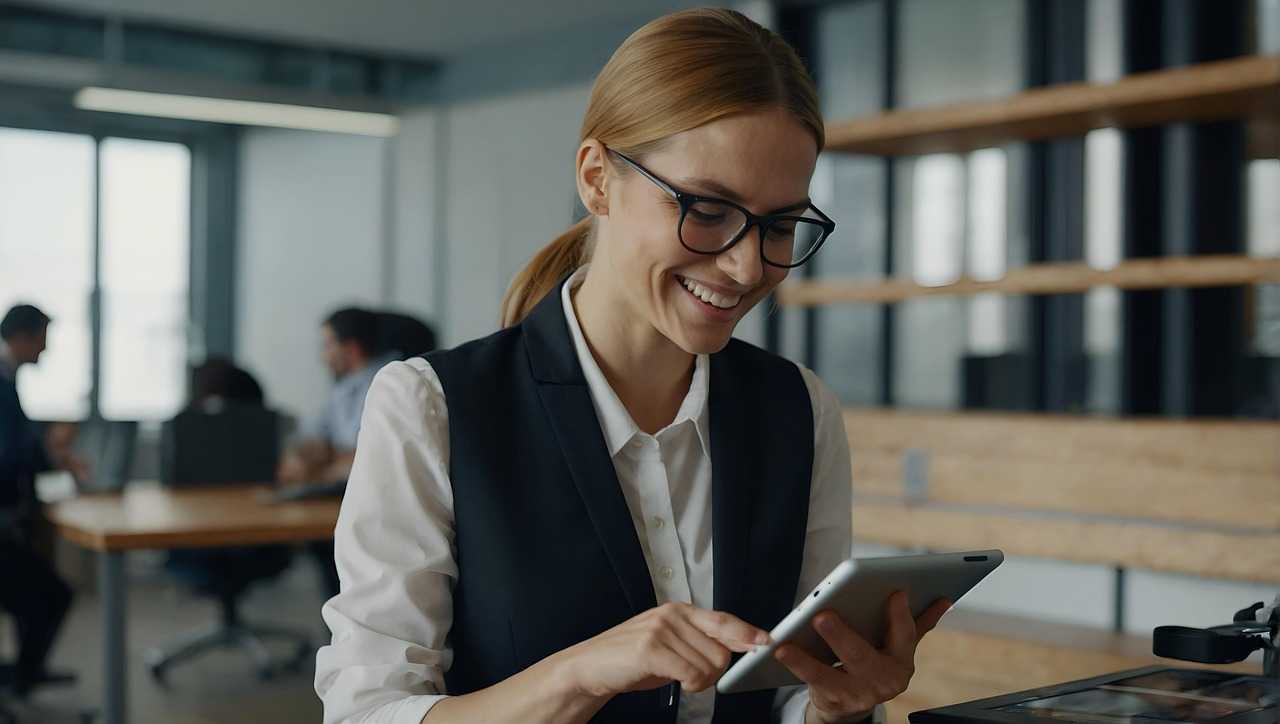 ai generated, woman, glasses, smile, job, social media, business, tablet, computer, internet, tiktok, work, career, office, career, career, career, career, career