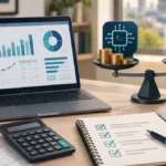 Ноутбук із фінансовим звітом, калькулятор і чекліст перевірки для оцінювання витрат на ШІ